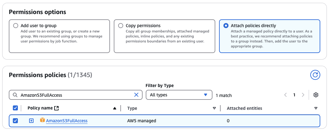 AWS search for "AmazonS3FullAccess"