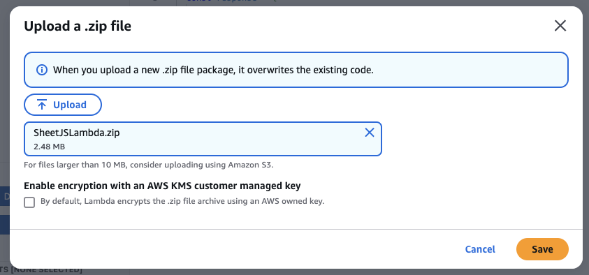 Modal after uploading SheetJSLambda.zip