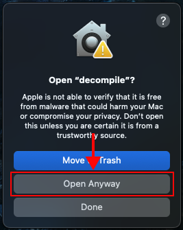 macOS apple silicon, Open "decompile" modal pop up