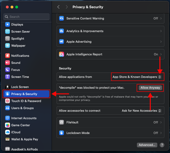 macOS apple silicon, privacy security allow application and allow decompile